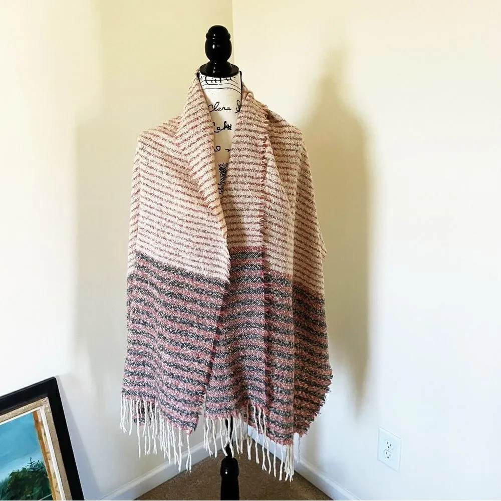 Striped Sherpa-Like Thick Knit Wrap/ Scarf with Long Tassels